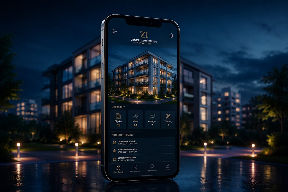 Digitales Dashboard der Zinke Immobilienverwaltung mit Übersicht zu Objekten, Mietern und Terminen